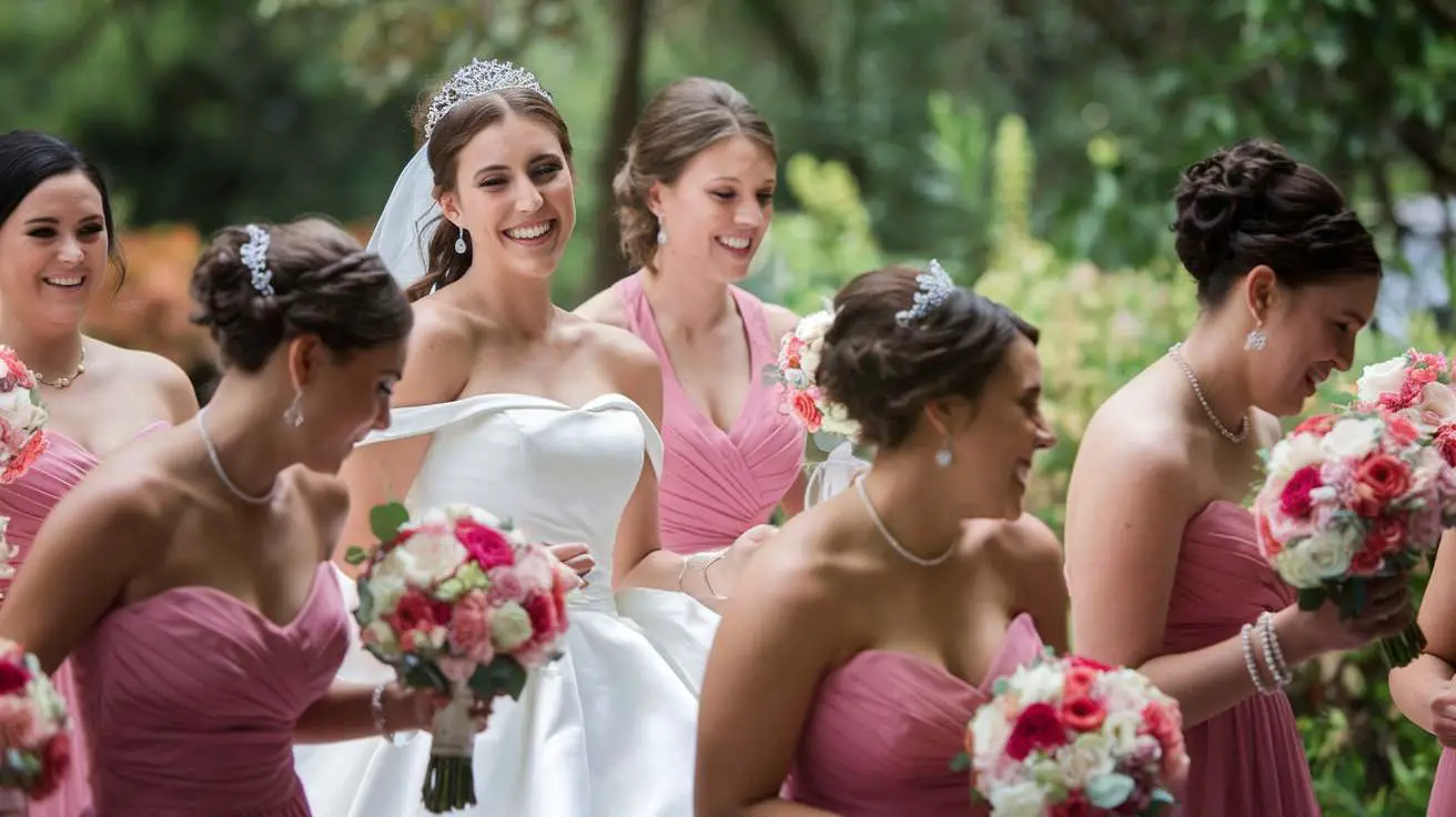 bride with her bridesmaids walking to a photoshoot