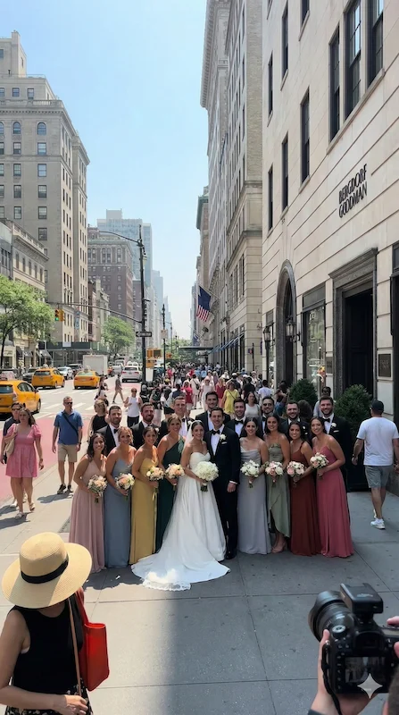 Large wedding party posing on a city street with bride and groom, bridesmaids holding bouquets, groomsmen in suits