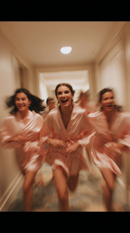 Bridesmaids in blush robes running joyfully down a hotel hallway during wedding morning getting ready moments