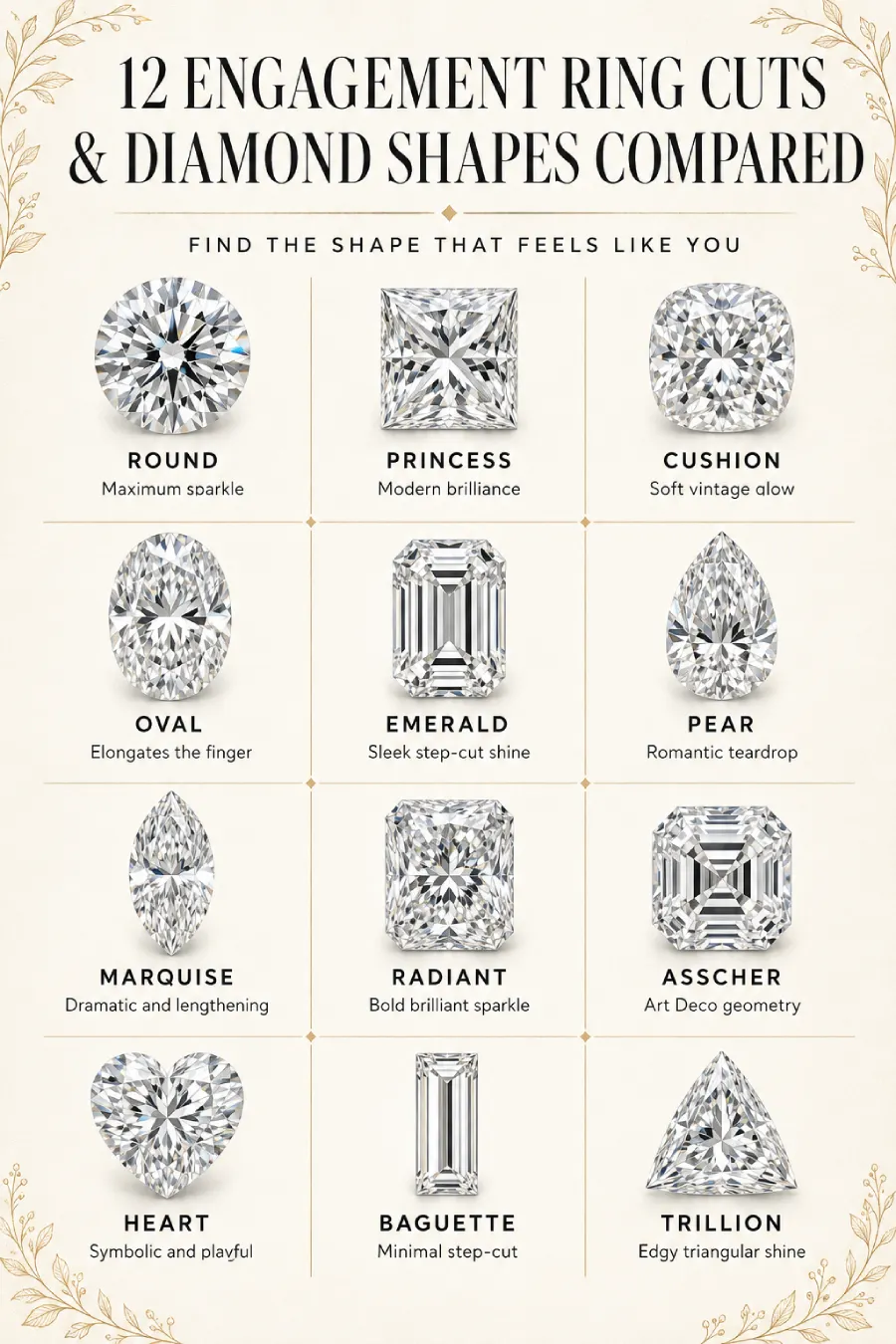 Infographic comparing 12 engagement ring cuts and diamond shapes, including round, oval, emerald, pear, marquise, and hearts