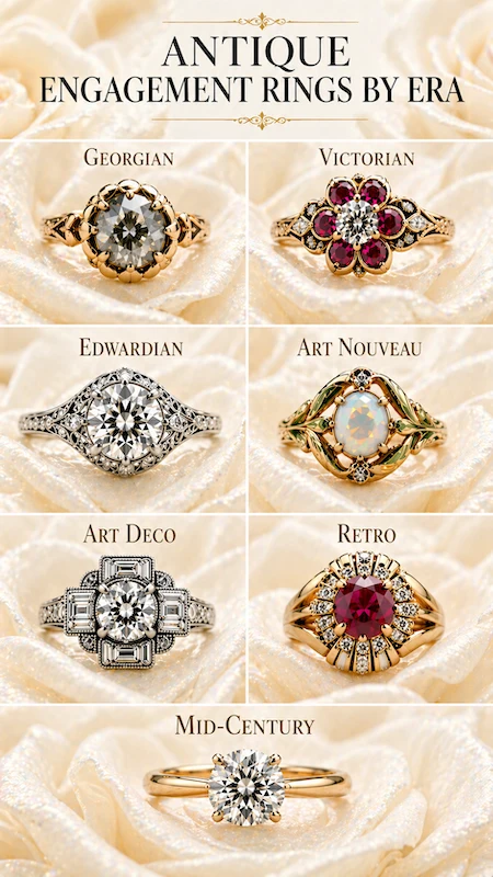 Antique engagement rings by era collage showing Georgian, Victorian, Edwardian, Art Nouveau, Art Deco, Retro and Mid-Century