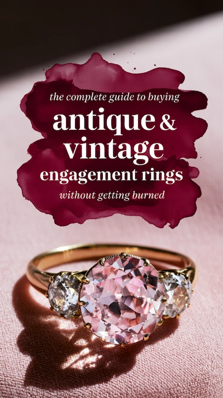 Antique vintage engagement ring with pink center stone on soft blush fabric, editorial style with bold title overlay above