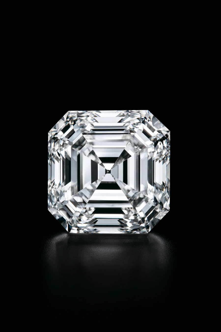 Asscher-cut diamond with cropped corners and geometric step-cut facets shown upright against a sleek black studio background