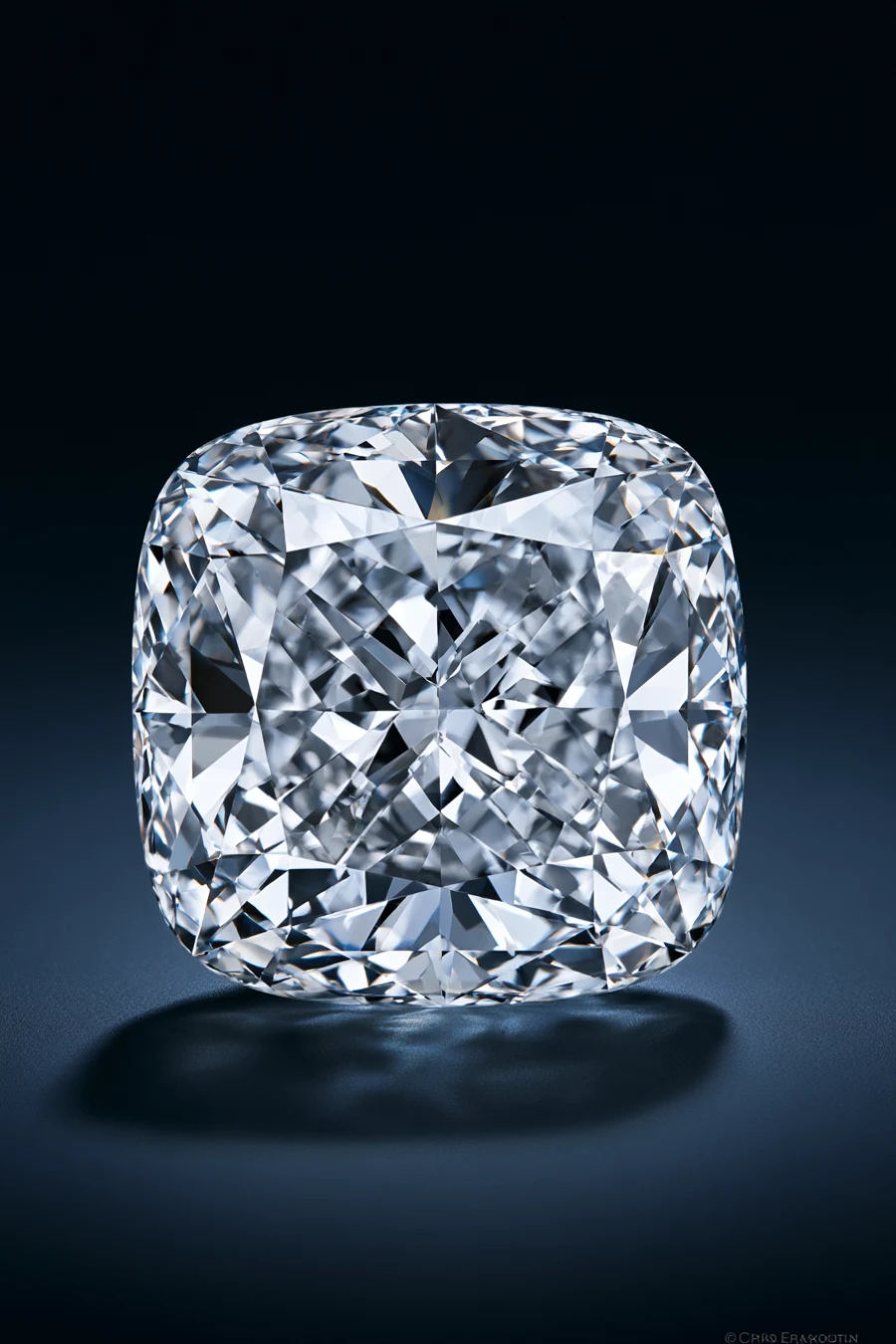 Cushion-cut diamond with rounded corners and intricate brilliant facets sparkling against a dramatic navy studio background