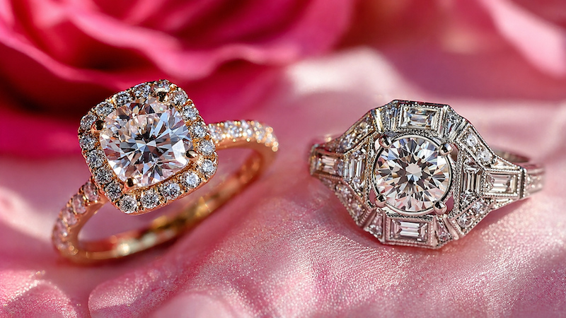 Engagement Rings 14 Two diamond engagement rings on pink satin, one rose gold halo cushion cut and one vintage-style round diamond with baguettes