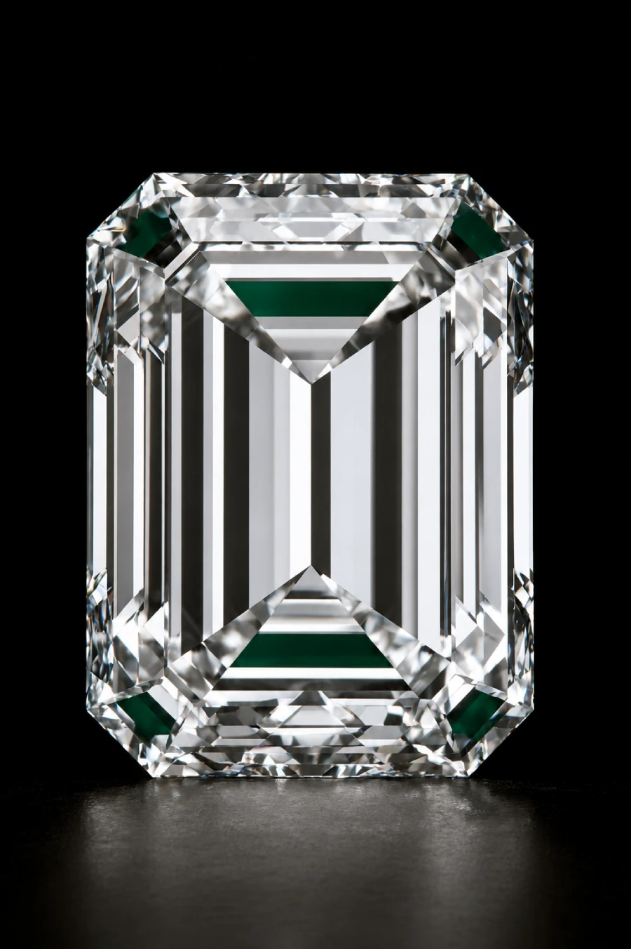 Emerald-cut diamond with cropped corners and long step-cut facets standing upright against a dramatic black studio background