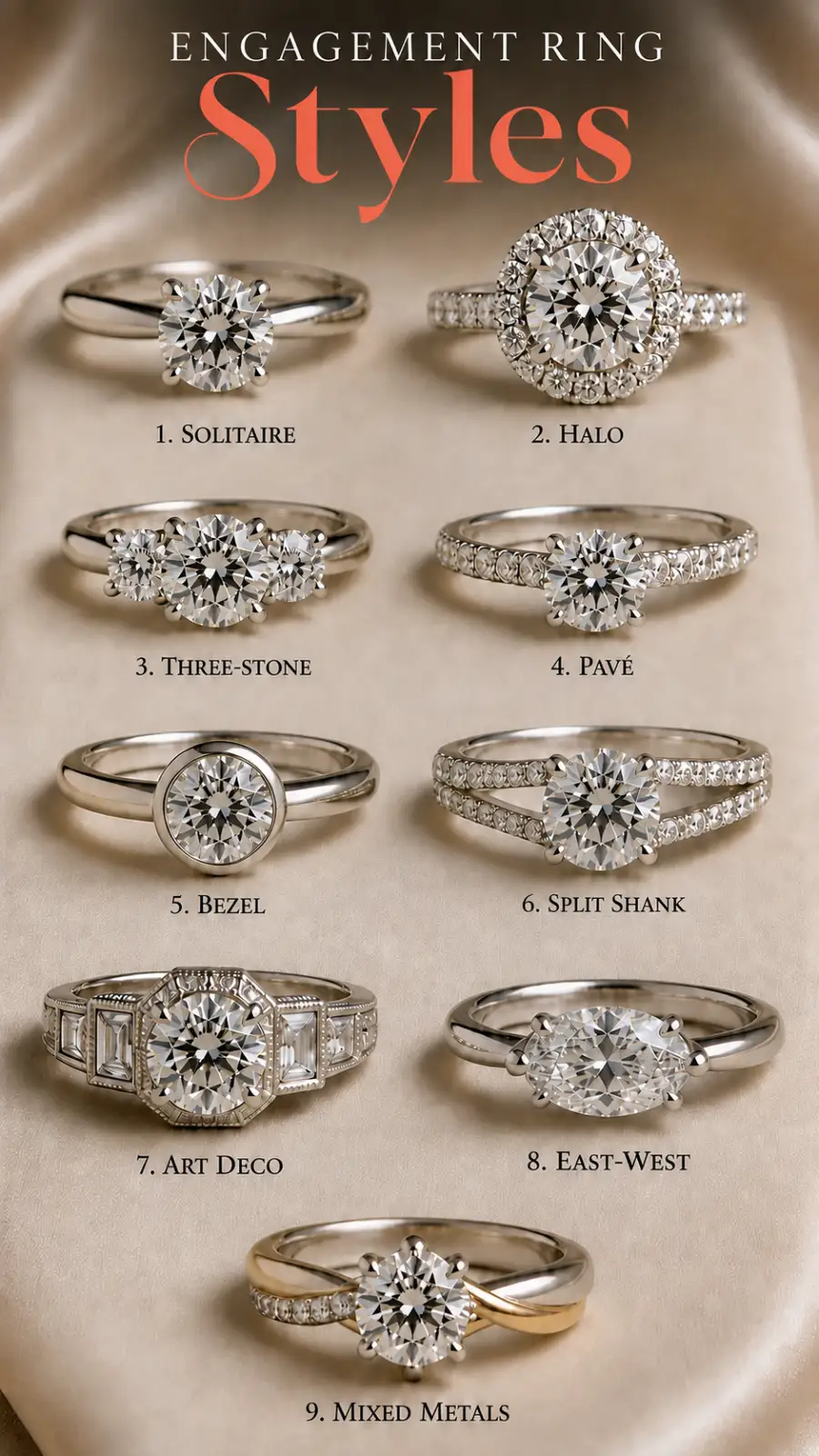 Popular Engagement Rings That Will Still Turn Heads in 20 Years 1 Nine engagement ring styles on champagne satin, including solitaire, halo, three-stone, bezel, Art Deco, and mixed metals.