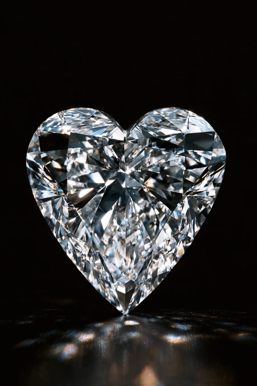 Heart-cut diamond with a symmetrical cleft, rounded lobes, pointed tip, and brilliant facets against a deep black background