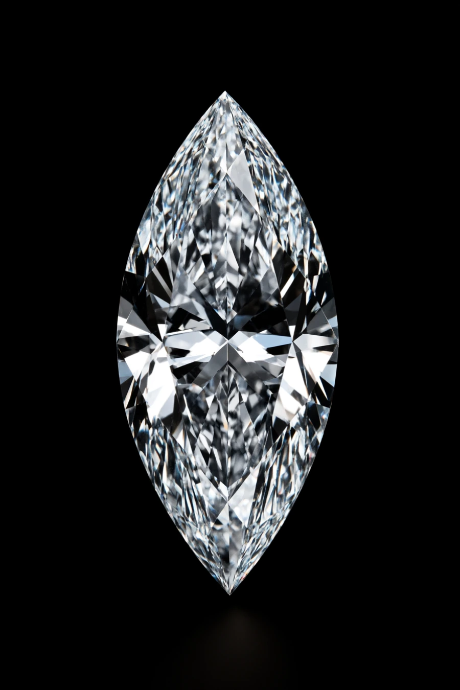 Marquise-cut diamond with an elongated silhouette, pointed ends, and brilliant symmetrical facets against a black background