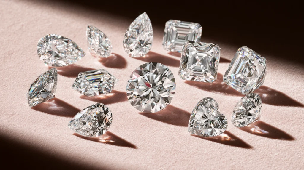 Popular engagement ring diamond shapes arranged on blush velvet, including round, pear, heart, emerald, oval, and square cuts