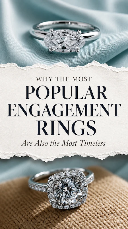 Popular timeless engagement rings featuring oval solitaire and halo diamond rings on elegant soft blue fabric backgrounds