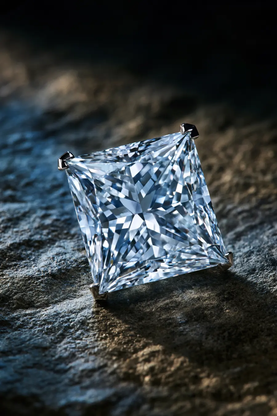 Princess-cut diamond with sharp square corners and brilliant geometric facets displayed in a four-prong setting on dark stone
