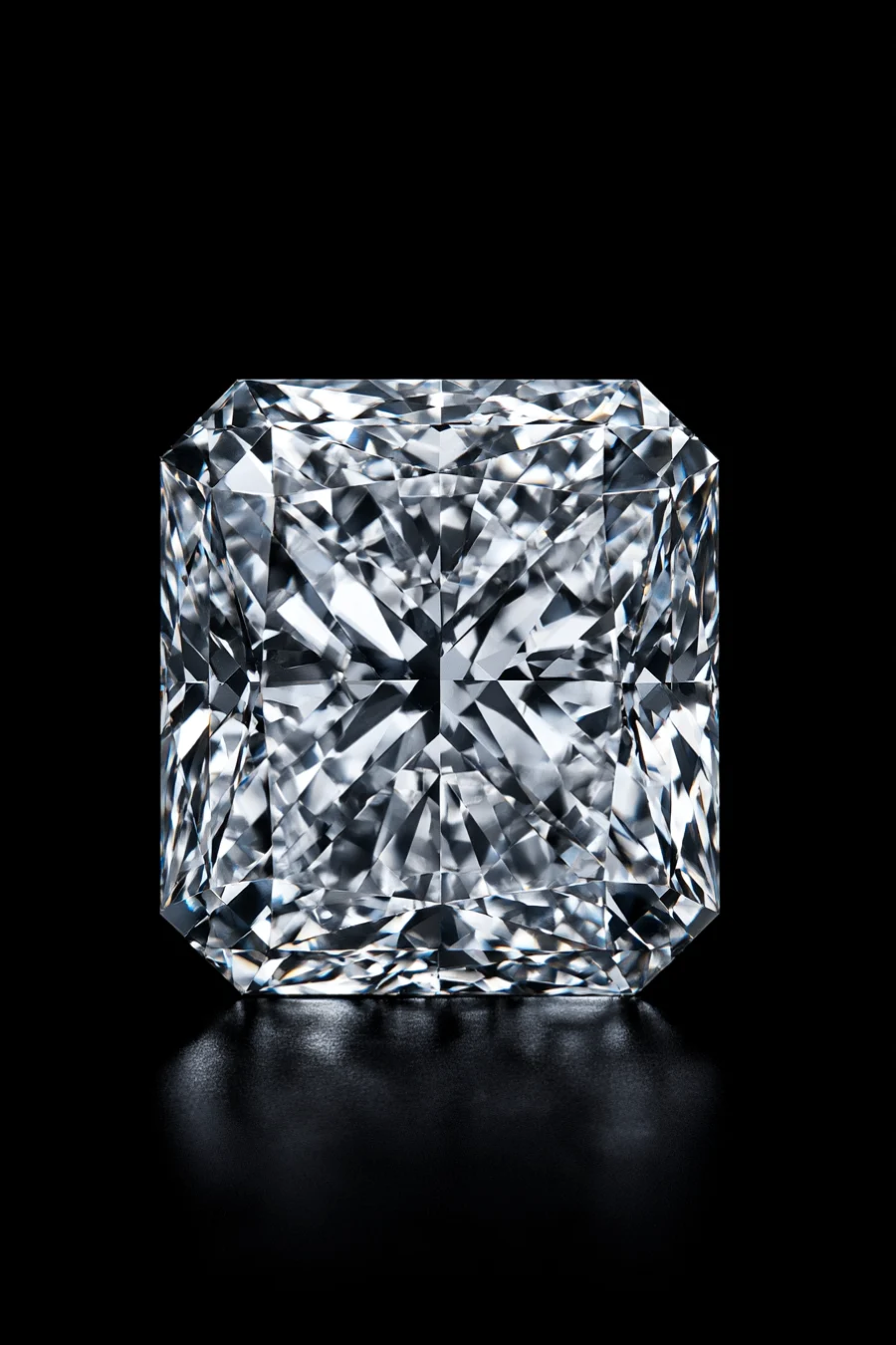 Radiant-cut diamond with a rectangular silhouette, cropped corners, and brilliant facets against the glossy black background