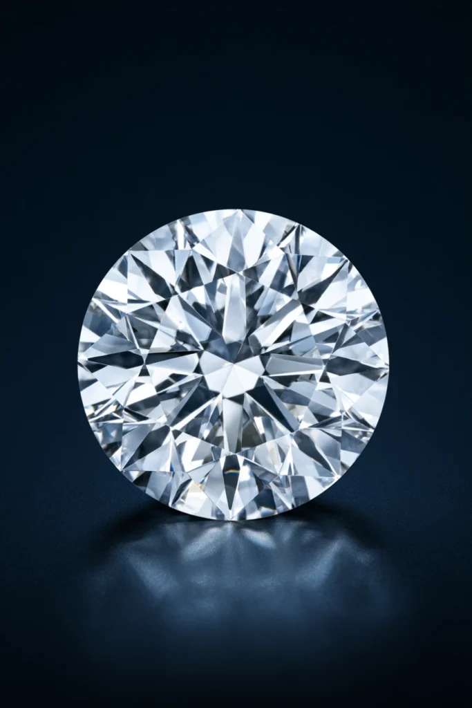 Round brilliant-cut diamond sparkling with crisp symmetrical facets against a deep navy background with a reflection beneath
