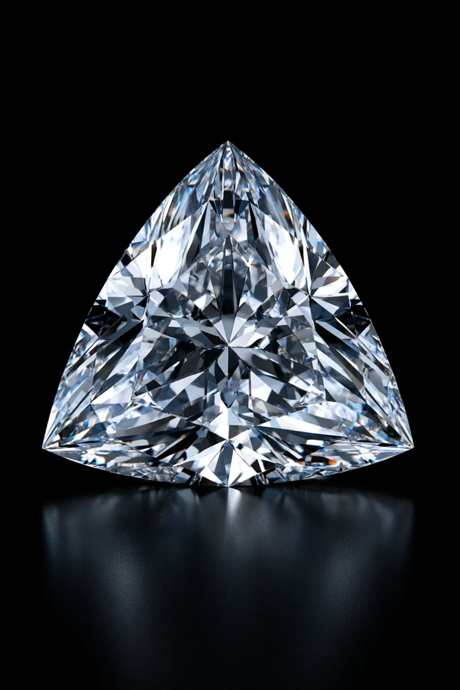 Trillion-cut diamond with a triangular silhouette, pointed corners, and brilliant facets displayed against a black background