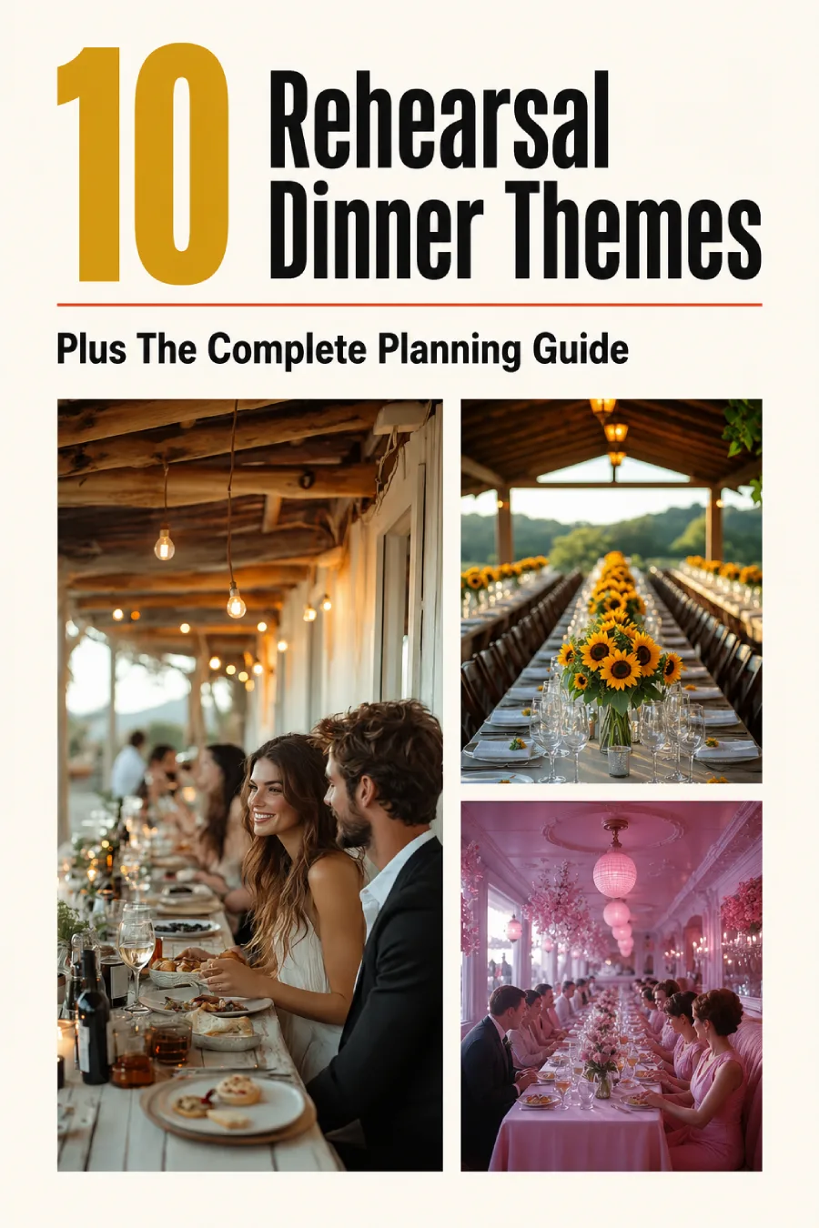 Hosting A Groom's Or Rehearsal Dinner (Quick Guide) 2 Editorial collage pin with a rustic dinner, sunflower table, and pink dining room beside a complete rehearsal dinner guide