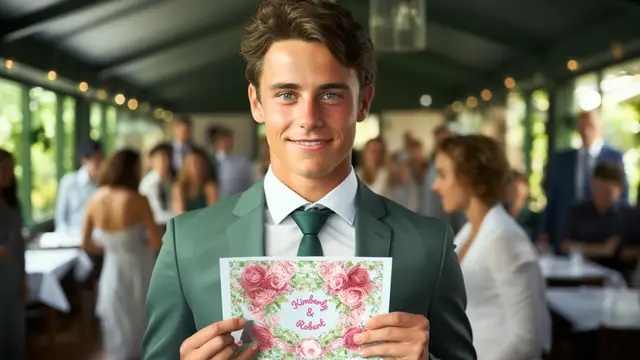 What to Write in a Wedding Card - Young Man holding up wedding card
