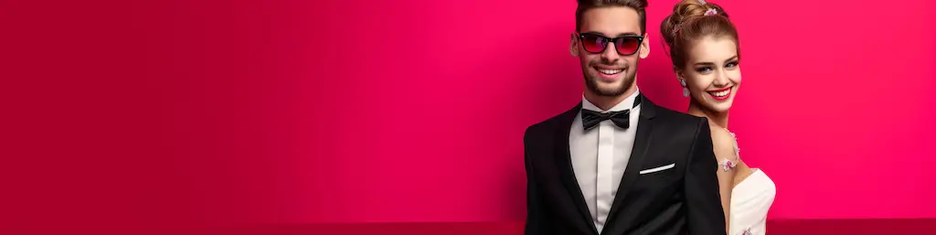 Bride and groom in formal wedding attire on a pink banner, representing Wedding Advice page header.