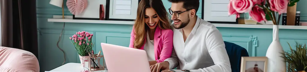 Couple reviewing a wedding budget on a laptop, planning expenses together at home with flowers and coffee on the table.

