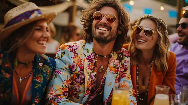 a group of smiling groovy wedding guests in '70s outfits