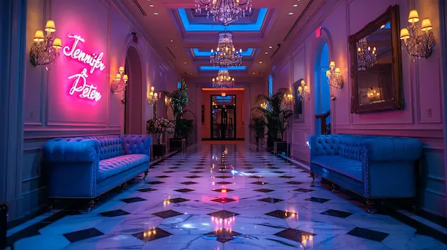 a long hallway with couches and chandeliers and Custom Neon Sign