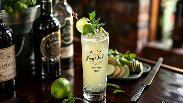 a glass of liquid with limes and mint leaves