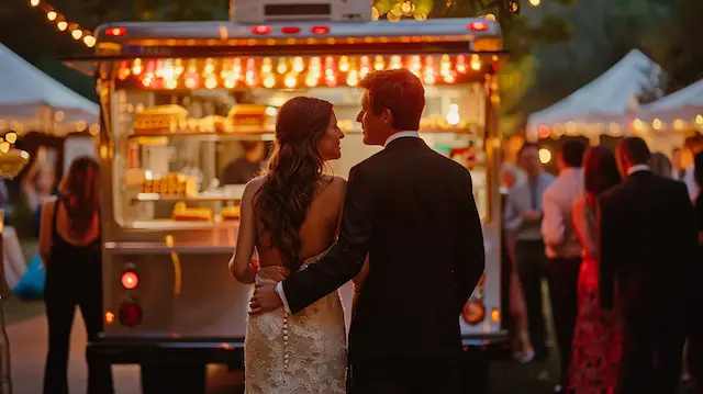 a man and woman standing in front of food truck