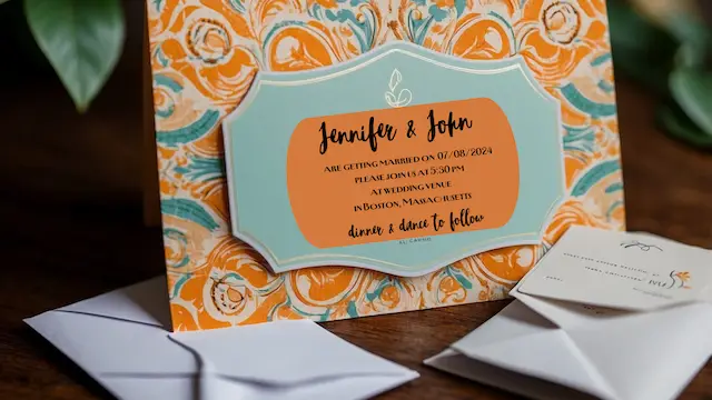 Groovy Wedding Must-Haves Invitation with a blue and orange design