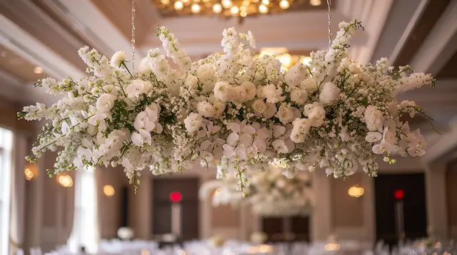 a group of white flowers from a ceiling