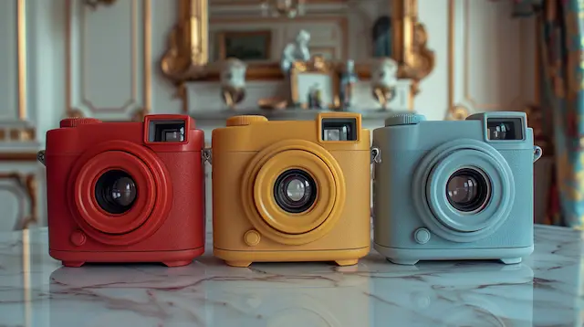 a group of cameras on a marble surface