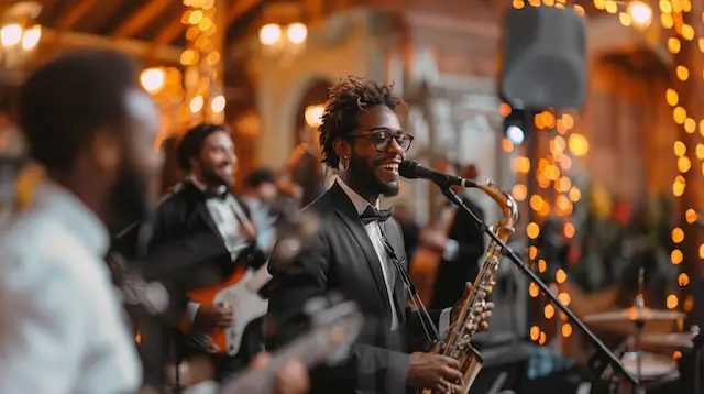 a man playing a saxophone and singing