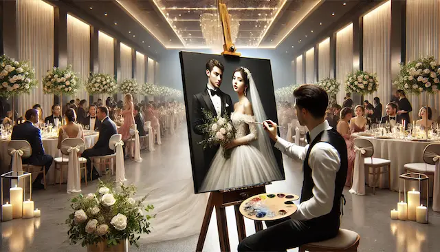 a man painting a picture of a bride and groom