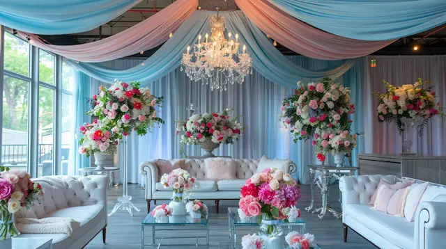 a room with a chandelier and flowers