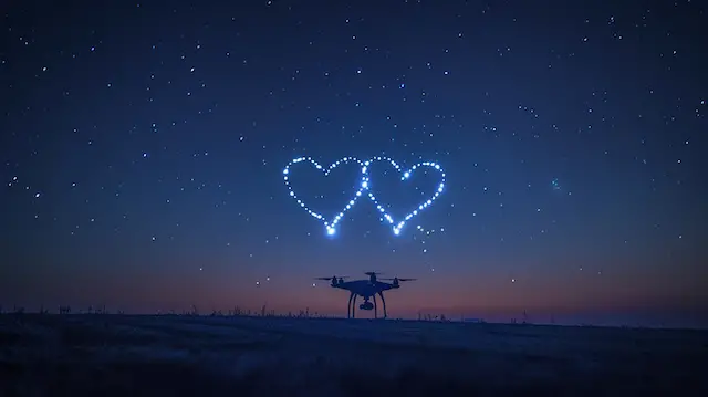 a drone flying in the sky with hearts in the sky