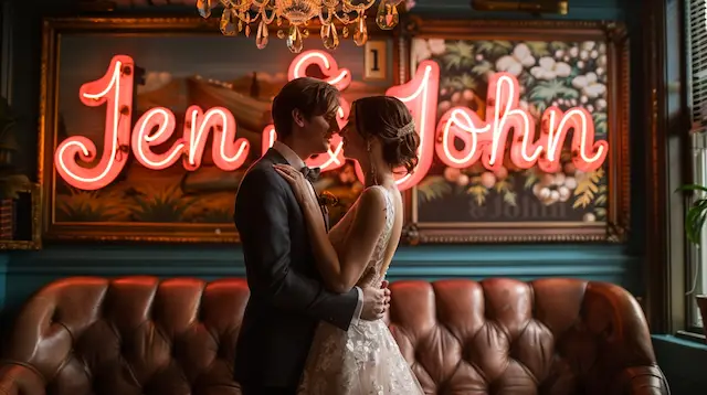 bride and groom issing in front of a neon sign