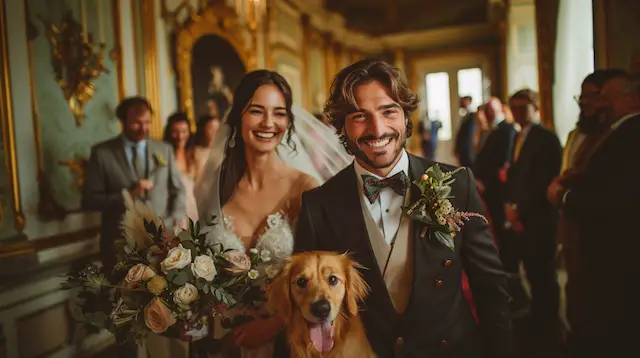 a man and woman with a dog