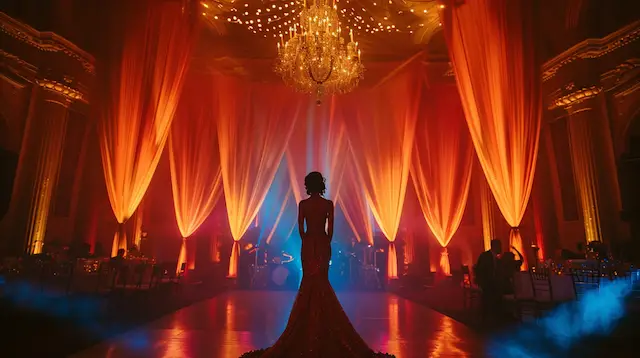 a woman in a dress standing in front of a chandelier