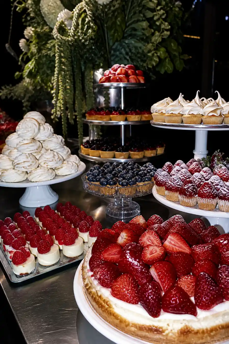 Berry tarts, meringues and fruit desserts fill a stainless steel station illuminated by a direct flash at an evening wedding