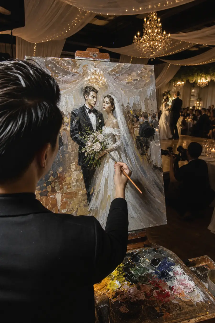 Live painter adds details to a newlywed portrait while the couple dances beyond the canvas at their candlelit reception hall.