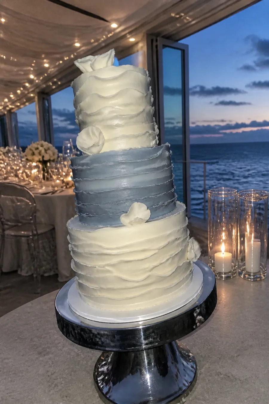 Three-tier ivory and slate-blue wedding cake displayed at a candlelit oceanfront reception overlooking the sea below at dusk