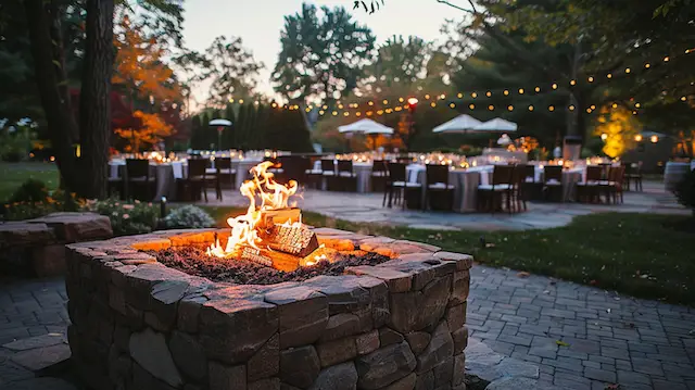 a fire pit with tables and chairs around it