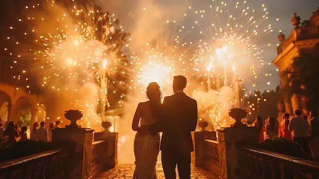 a man and woman standing in front of fireworks