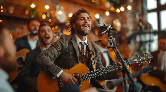 a man playing a guitar and singing