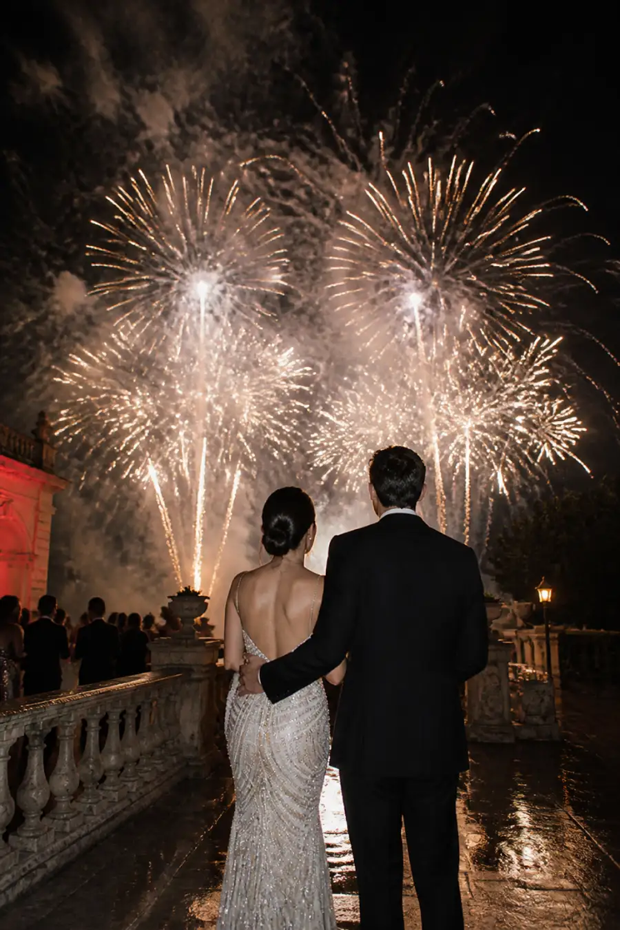 Newlyweds watch pale and gilt fireworks fill the night sky over a wet stone terrace at their wedding celebration at midnight.