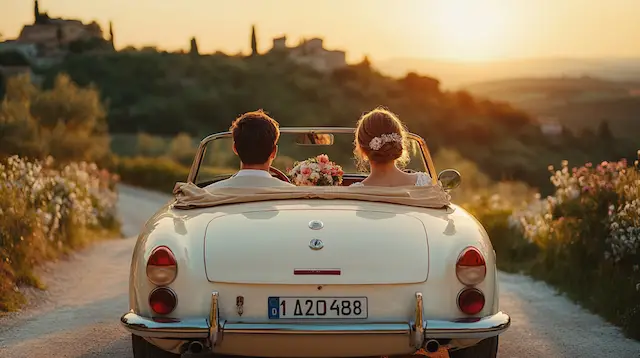 bride and groom in convertible car in Tuscany