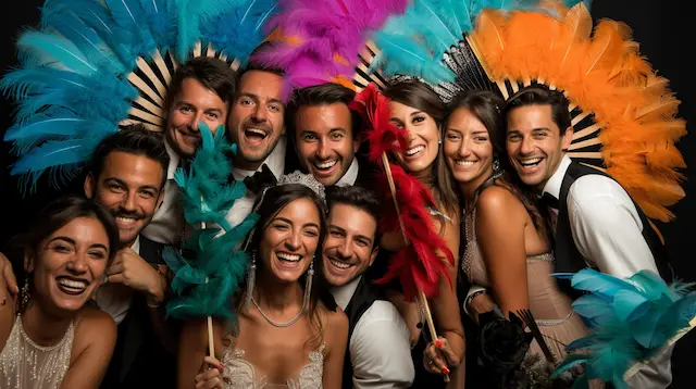 Wedding guests posing with colorful feather fans