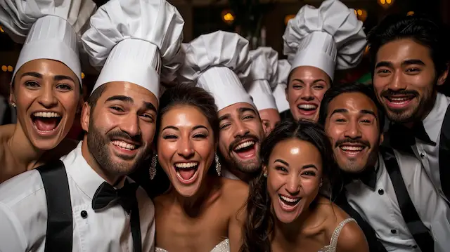 Wedding guests posing with Chef Hats