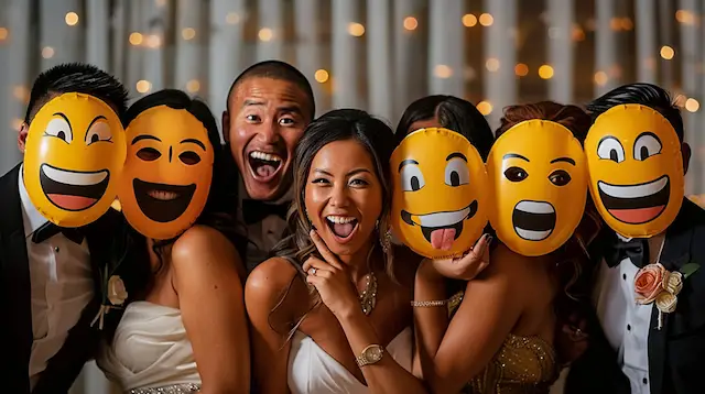 Wedding guests posing with Emoji Masks