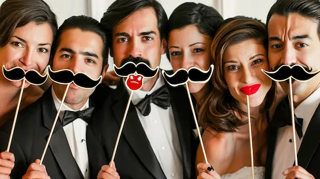 Wedding guests posing with Funky Mustache and Lipstick Props