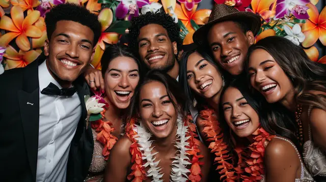 Wedding guests posing with Hawaiian Leis